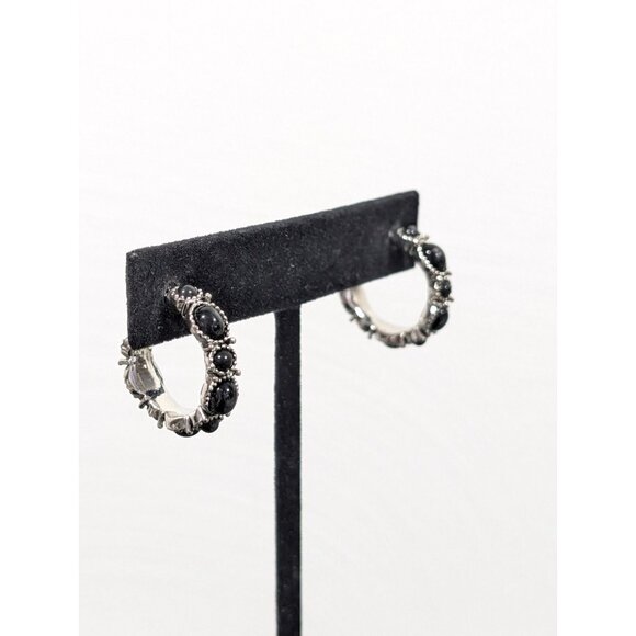 Chaps Black Cabochon Silver Tone Hoop Pierced Earrings Western Boho - Picture 2 of 12